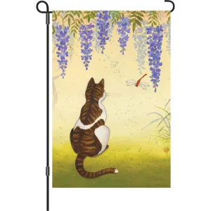 12 in. Cat & Dragonfly Garden Flag - Wisteria Cat