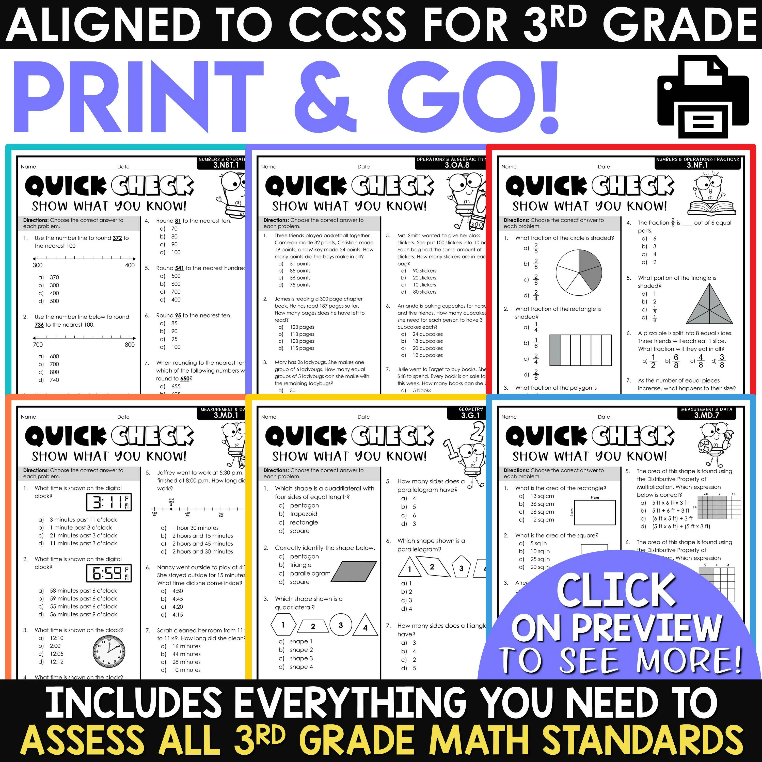 3rd Grade Math Review Worksheets Assessments Homework Morning Work Test Prep