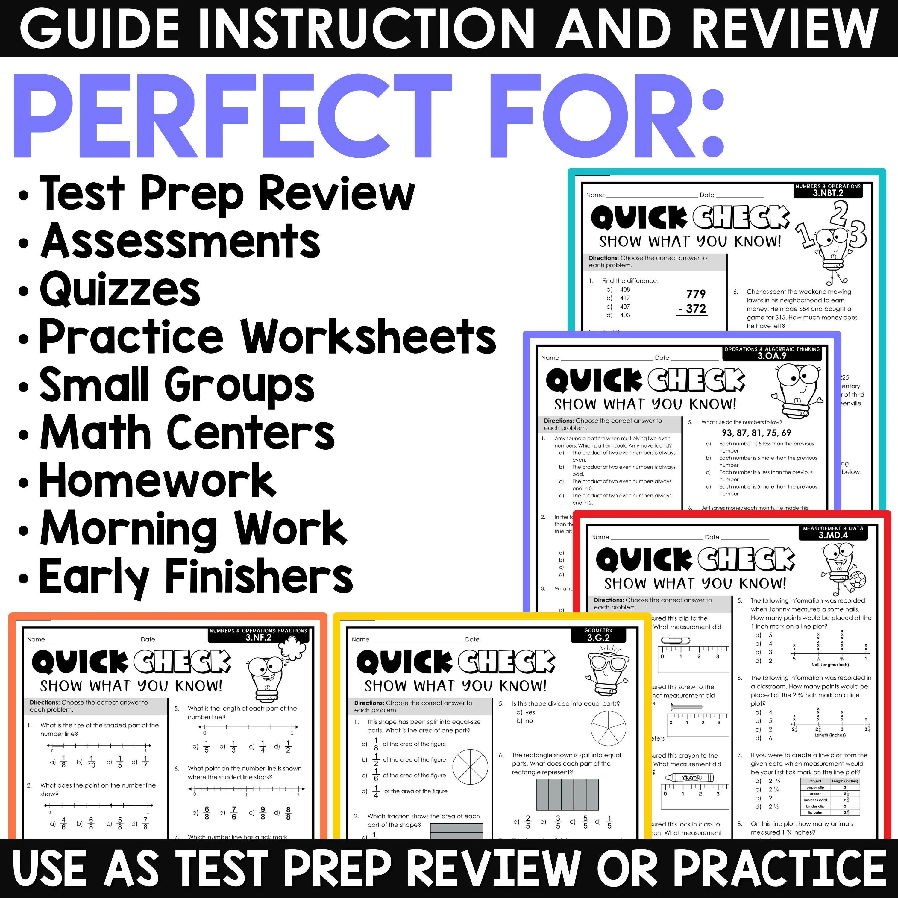 3rd Grade Math Review Worksheets Assessments Homework Morning Work Test Prep