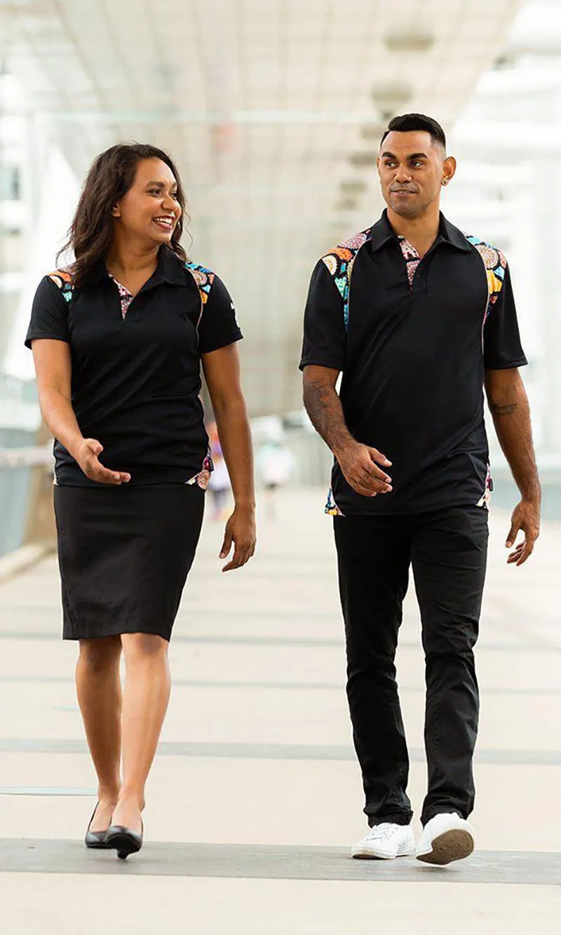 Aboriginal Art Ladies Fitted Bamboo Polo Connection to Country