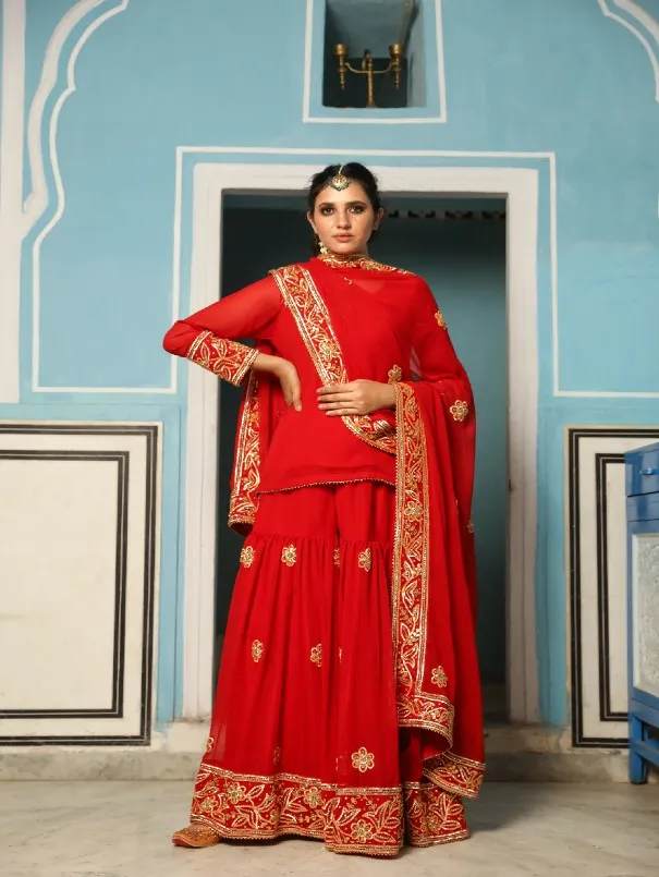 Afroz Red Embroidered Georgette Sharara Set (Set of 3)