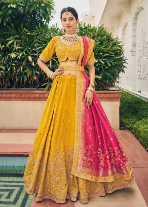 Alluring Yellow Viscose Silk Traditional Bridal Lehenga Choli