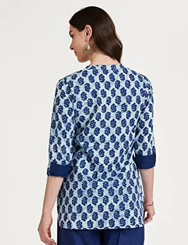 Amazon Brand - Myx Women's Cotton Screen Print Straight Short Kurti (SS17INDNIT09IndigoXL_Indigo_XL)