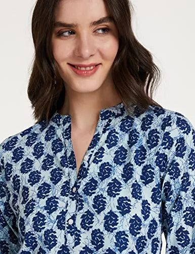 Amazon Brand - Myx Women's Cotton Screen Print Straight Short Kurti (SS17INDNIT09IndigoXL_Indigo_XL)