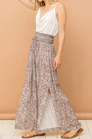 And The Why Printed Smocked Waist Slit Wide Leg Pants