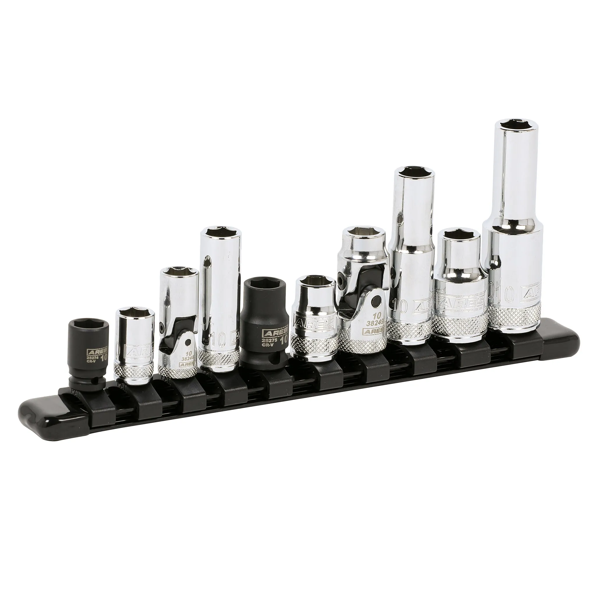 ARES 39017 - 10-Piece Multi-Drive 10mm Socket Set with Aluminum Rail