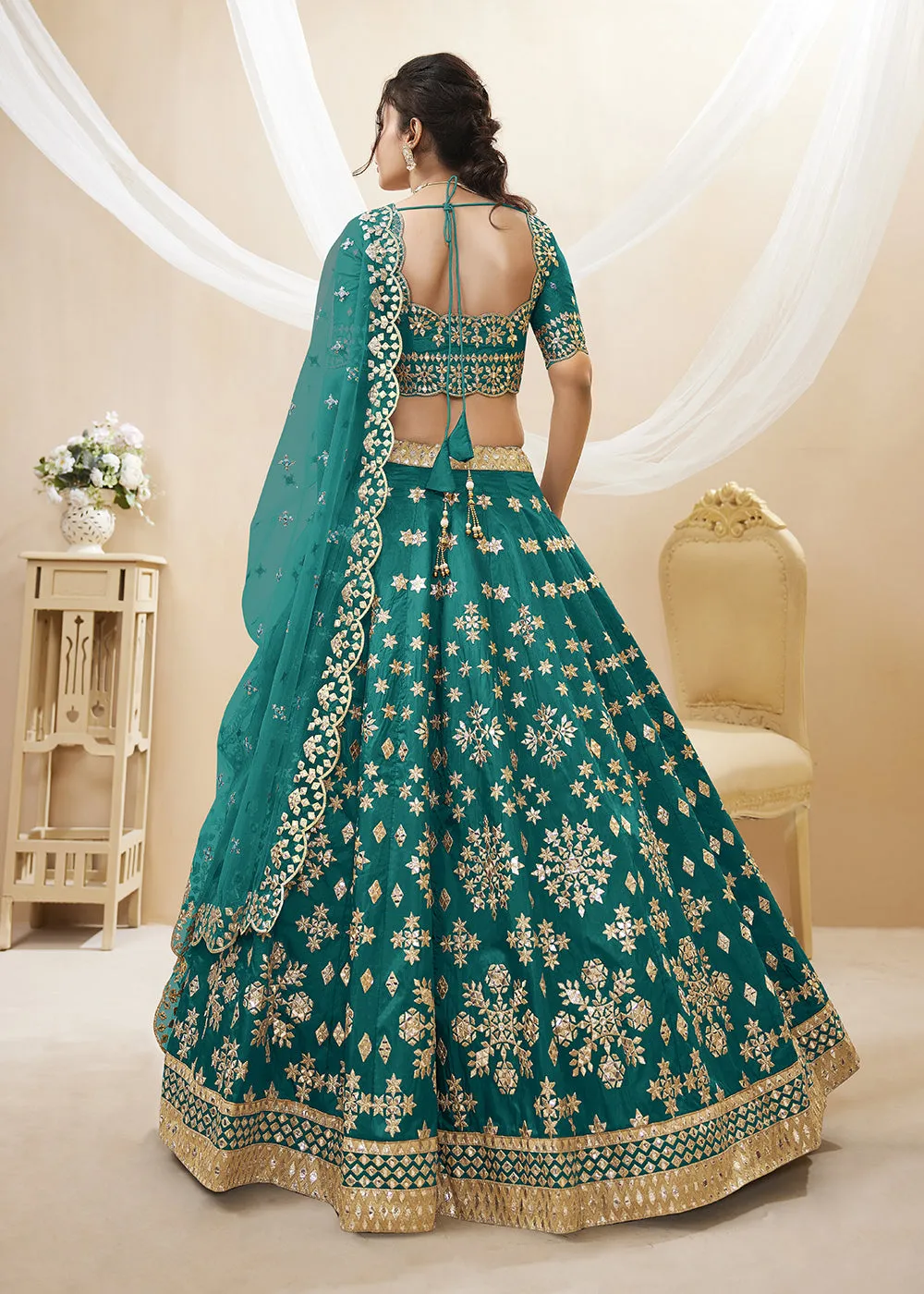 Beatific Teal Green Art Silk Embroidered Reception Wear Lehenga Choli