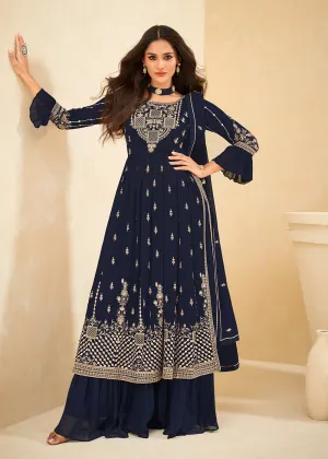 Beautifully Embroidered Stunning Blue Festive Palazzo Suit