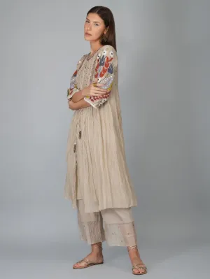 Beige Applique Sleeves Layered Chanderi Kurta Set (Set of 3)