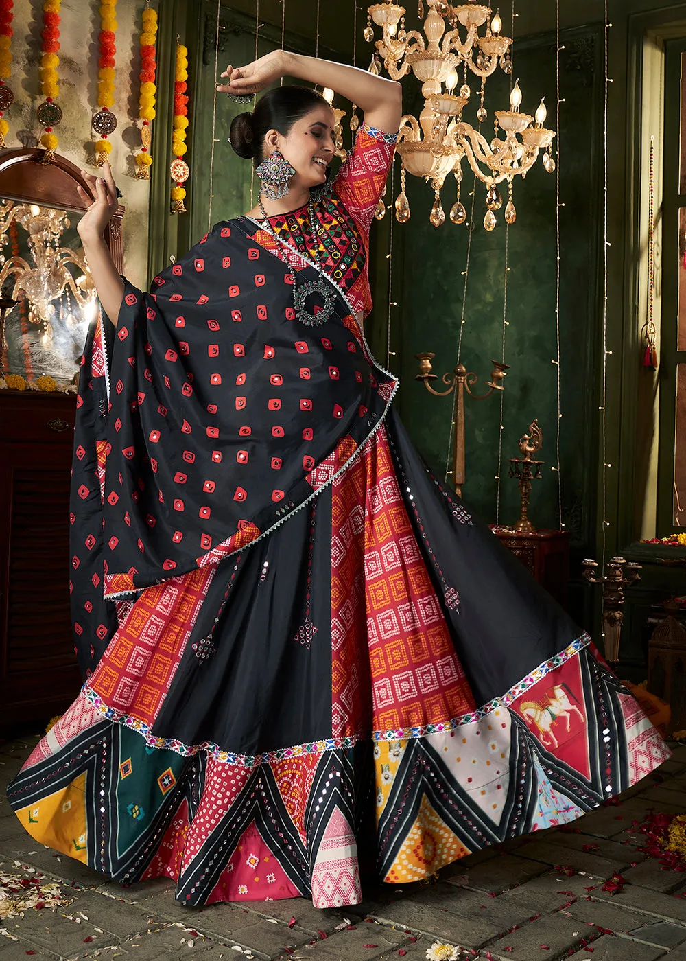 Black Multicolor Printed & Mirror Work Chaniya Choli for Navratri