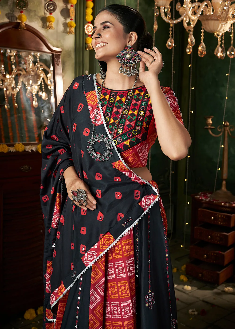 Black Multicolor Printed & Mirror Work Chaniya Choli for Navratri