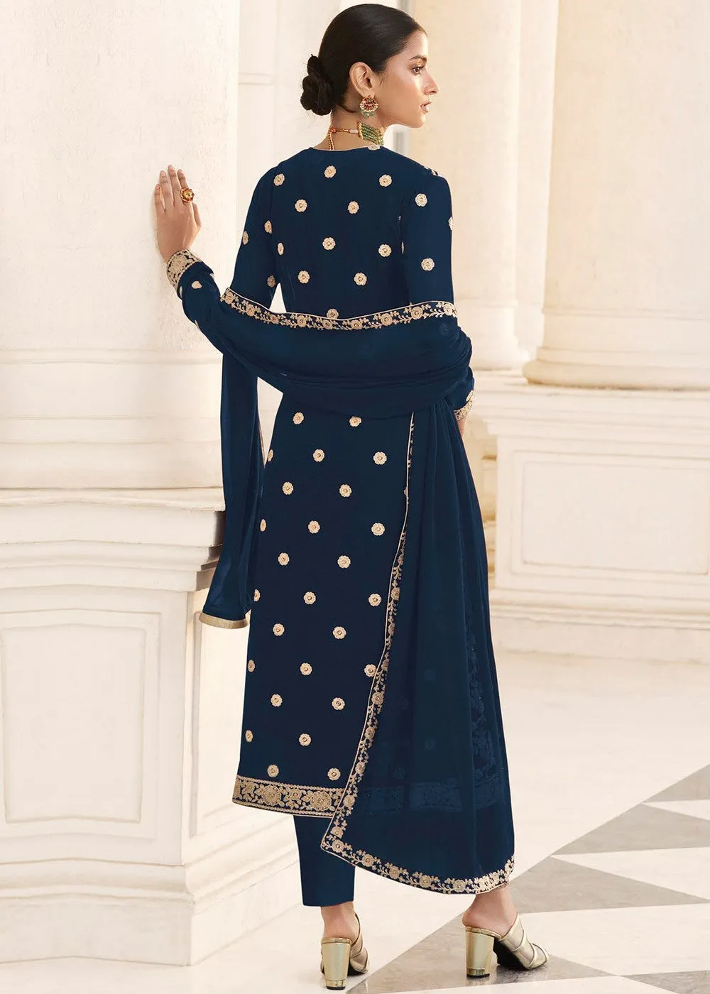 Blue Designer Georgette Embroidered Jacket Style Suit