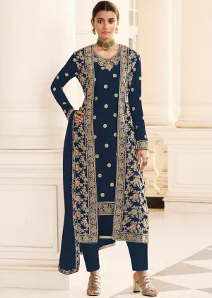 Blue Designer Georgette Embroidered Jacket Style Suit