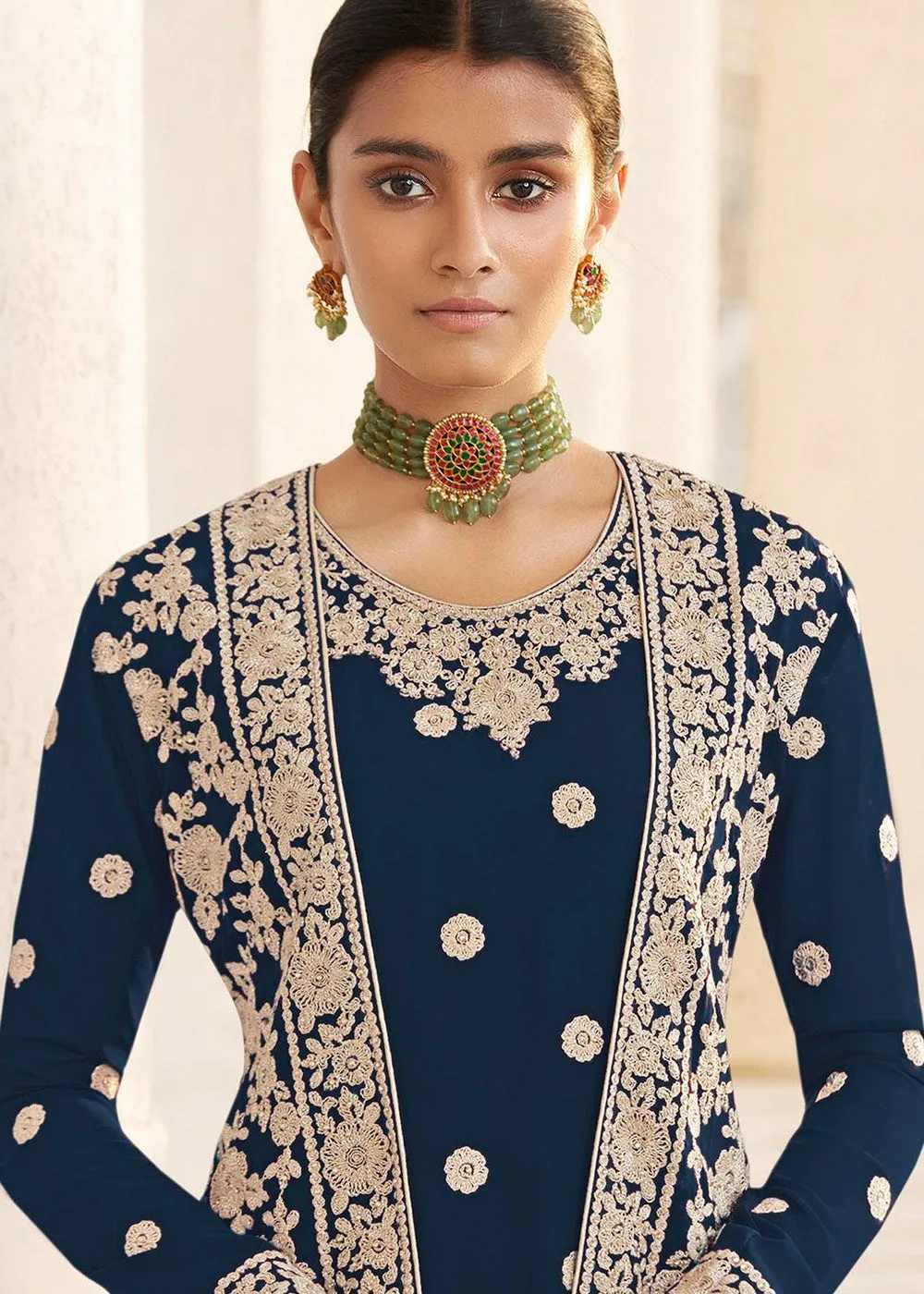 Blue Designer Georgette Embroidered Jacket Style Suit