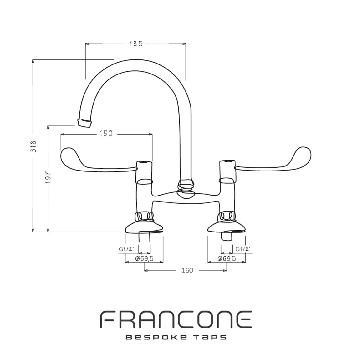 BT49LW Wall-mounted kitchen tap with curve swivel spout & Long levers