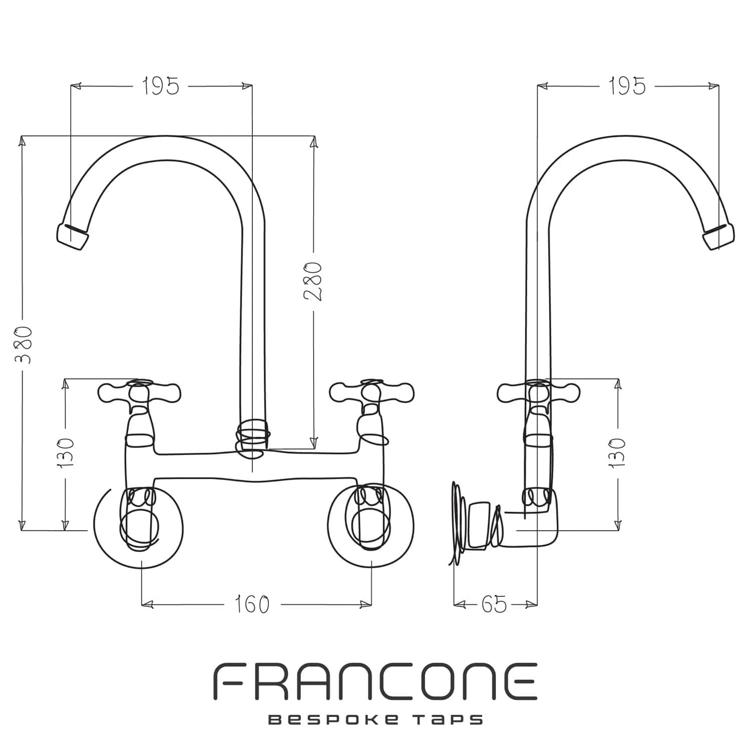 BT49LW Wall-mounted kitchen tap with curve swivel spout & Long levers