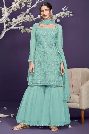 Butterfly Net Aqua Blue Premium Embroidered Gharara Suit