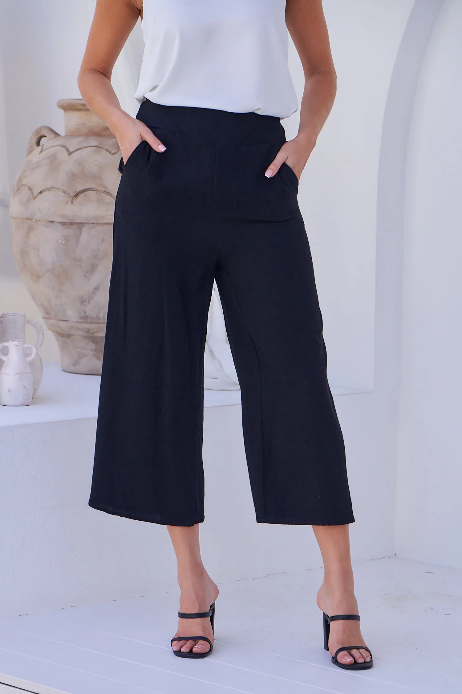 Clover Black Linen Culotte Pants