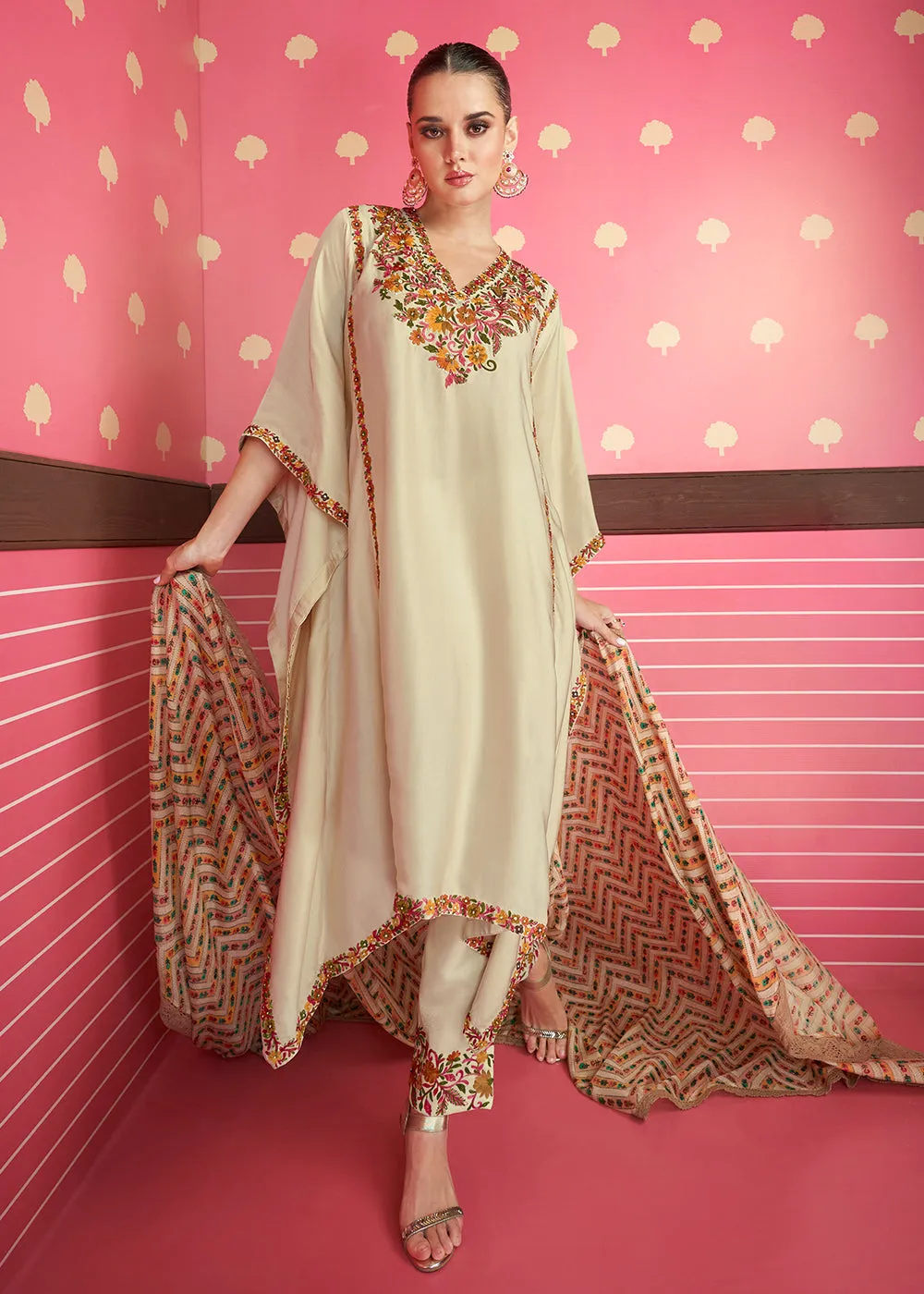 Cream Beige Silk Satin Kaftan Style Chinon Pant Style Suit