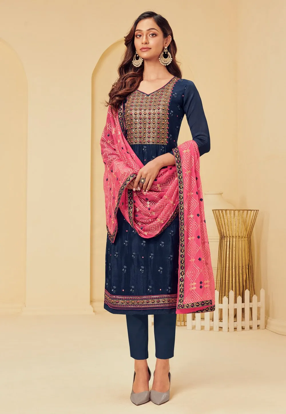 Dark Blue Pakistani Style Embroidered Suit