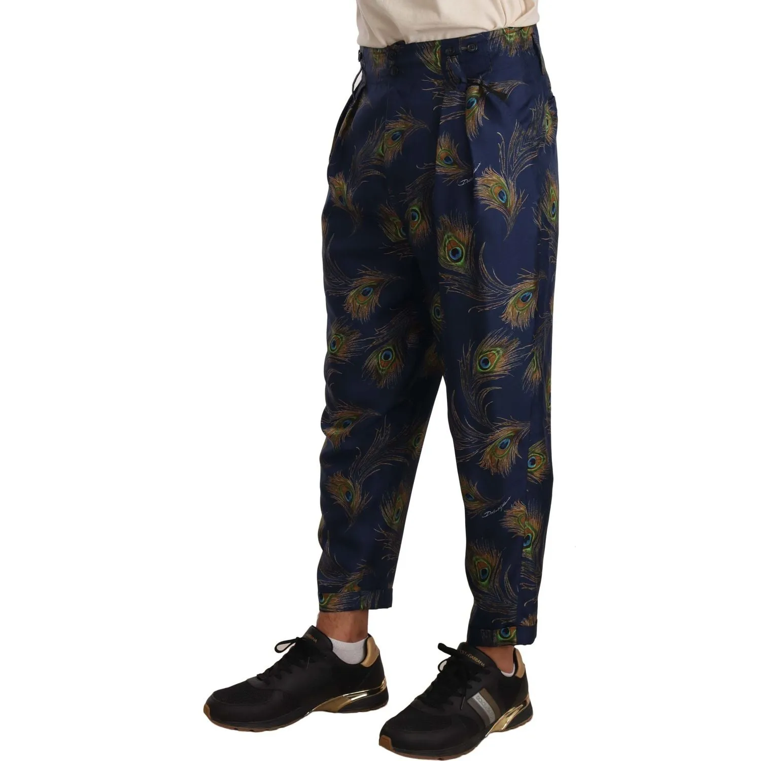 Dolce & Gabbana Exquisite Peacock Print Silk Trousers