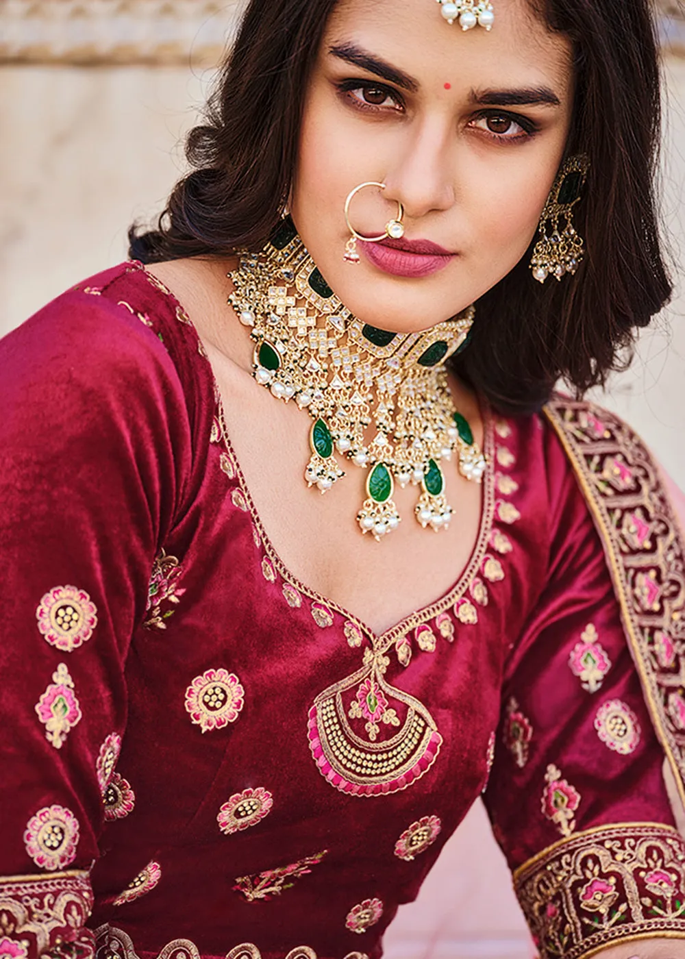 Dreamy Maroon Velvet Dori & Zarkan Work Bridal Lehenga Choli