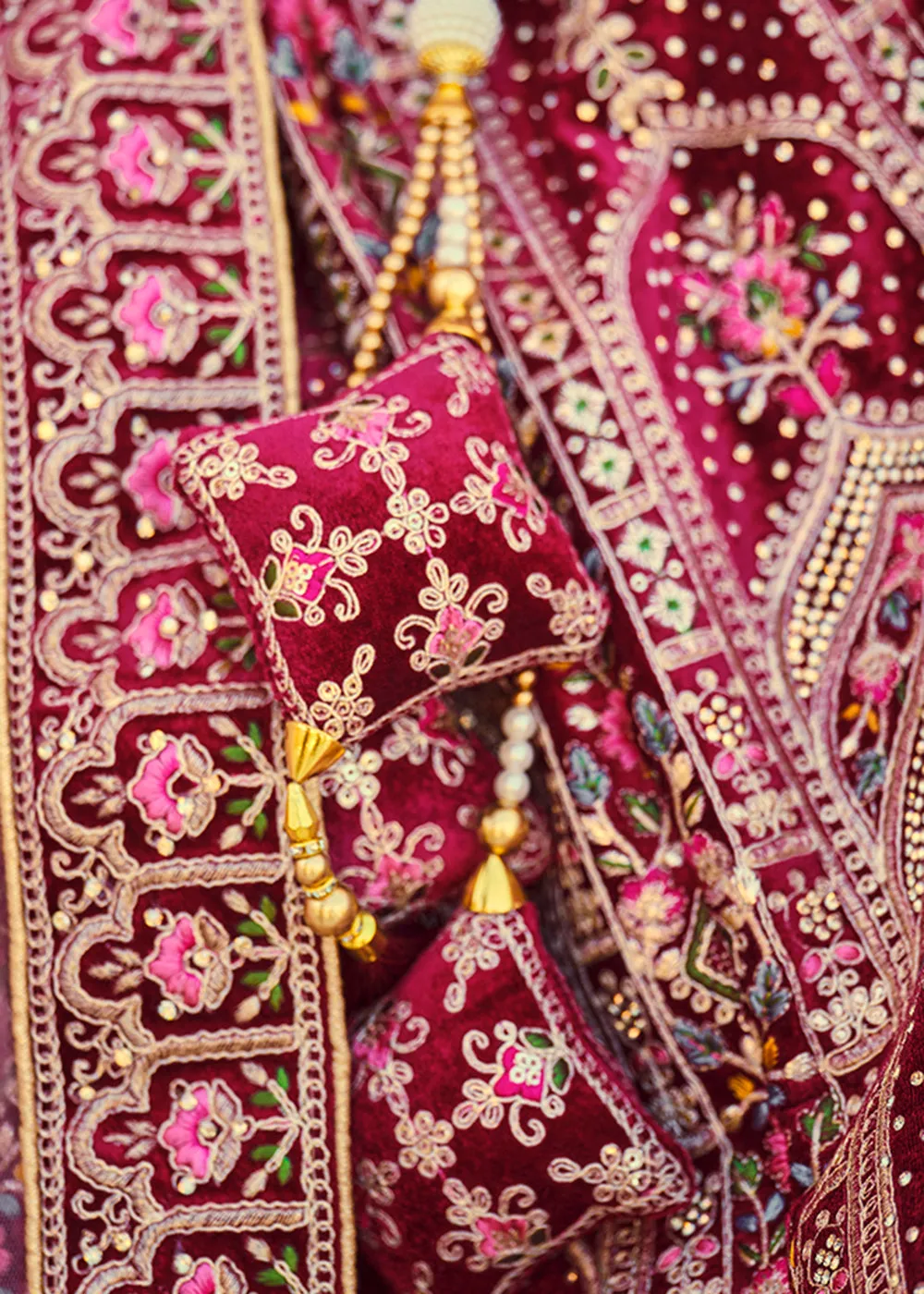 Dreamy Maroon Velvet Dori & Zarkan Work Bridal Lehenga Choli