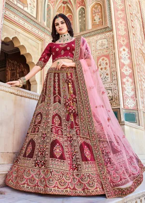 Dreamy Maroon Velvet Dori & Zarkan Work Bridal Lehenga Choli