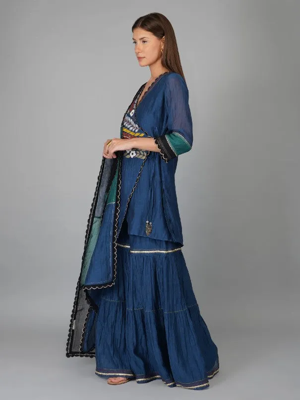 Egyptian Blue  Chanderi Wrap Kurta & Gharara Set (Set of 3)