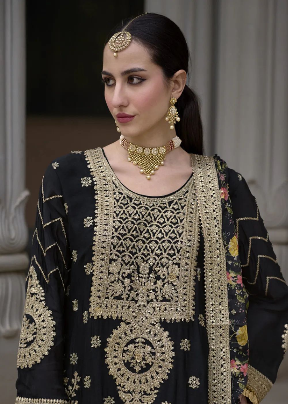 Elegant Black Pure Chinnon Pakistani Style Palazzo Suit