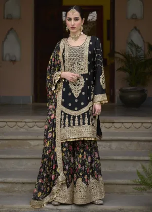 Elegant Black Pure Chinnon Pakistani Style Palazzo Suit