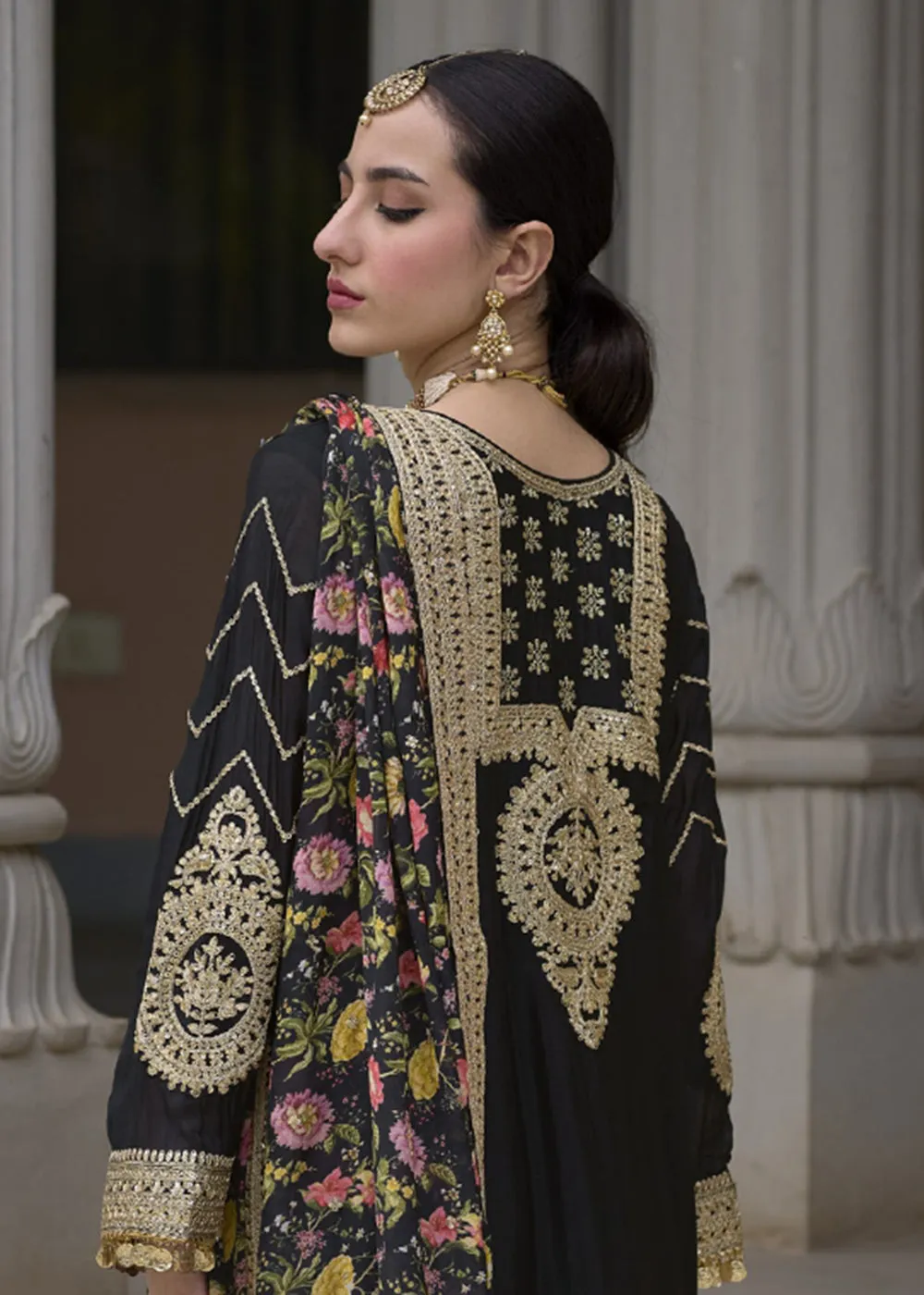 Elegant Black Pure Chinnon Pakistani Style Palazzo Suit