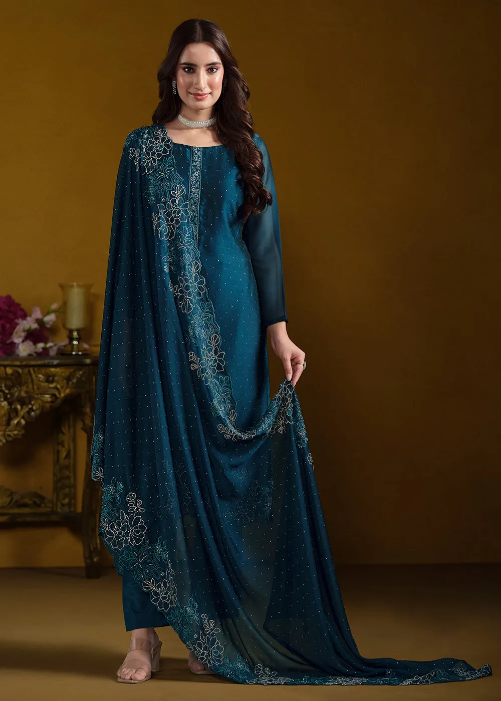 Fabulous Teal Blue Georgette Festive Pant Salwar Suit