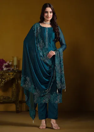 Fabulous Teal Blue Georgette Festive Pant Salwar Suit