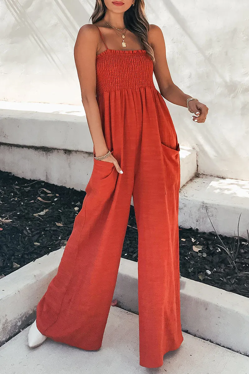 Fashion Living Solid Pocket Spaghetti Strap Loose Jumpsuits