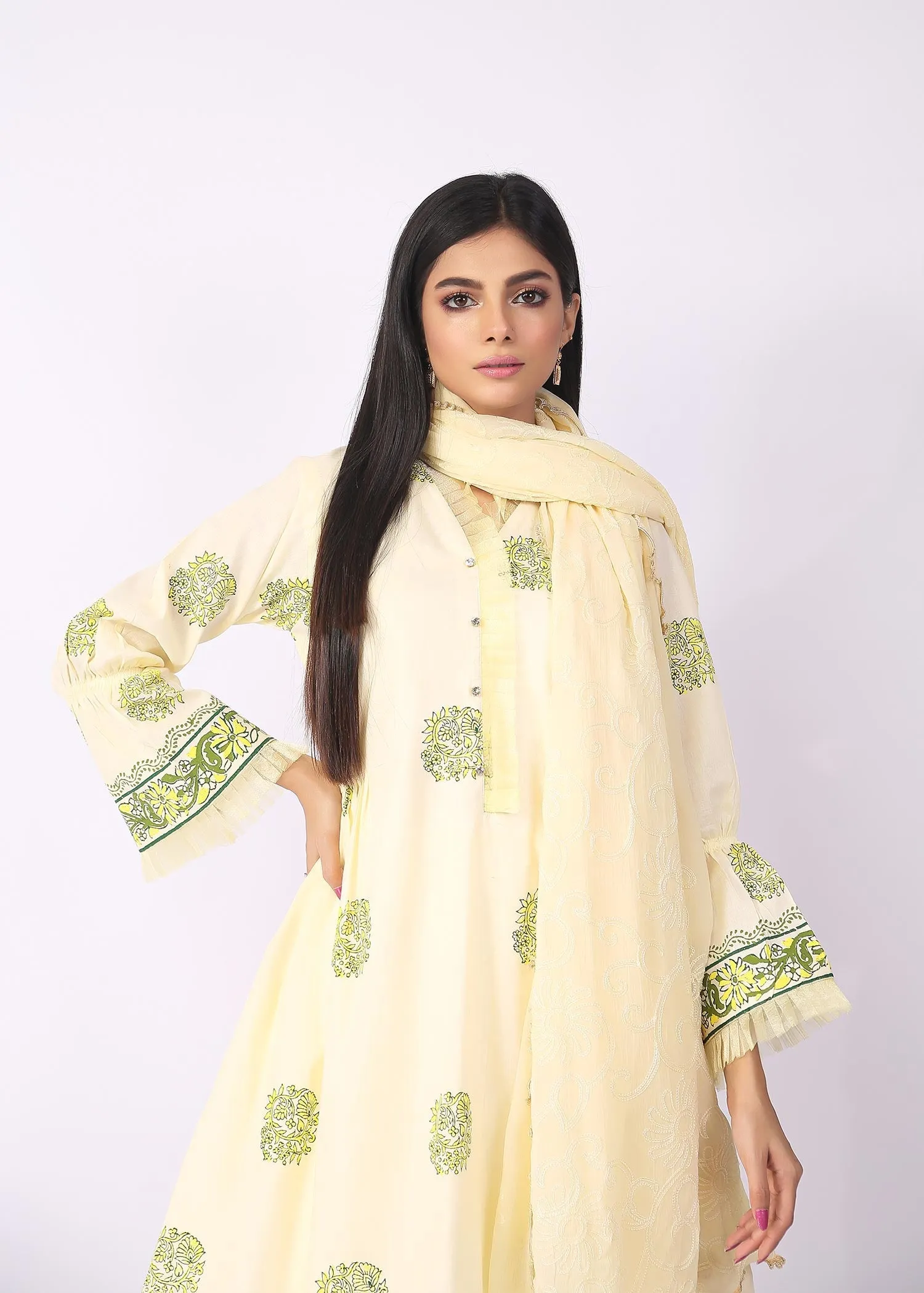 FashionPorters - Unstitched 3 Piece Block Printed Cotton Lawn Lime Soft Lemon Yellow Suit SUS22-RY13