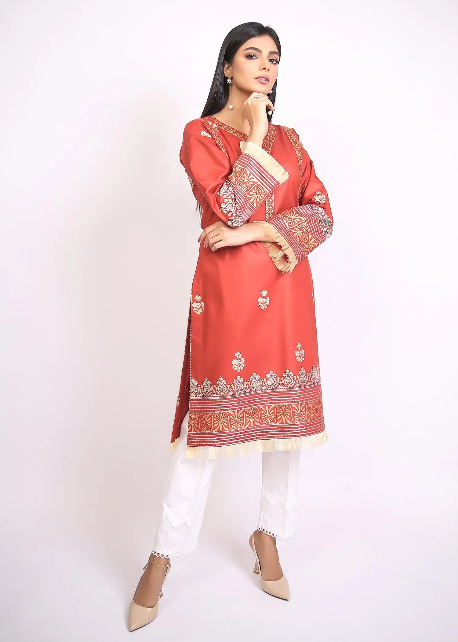 FashionPorters - Unstitched 3 Piece Block Printed Cotton Lawn Matte Orange Suit SUS22-RY19