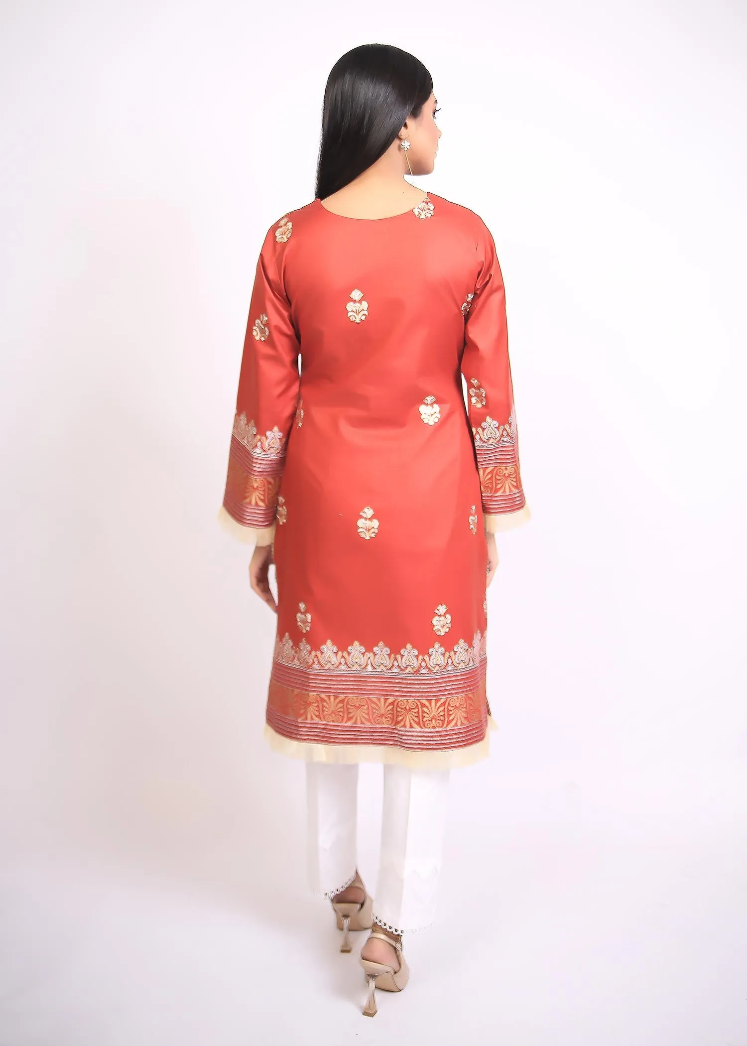 FashionPorters - Unstitched 3 Piece Block Printed Cotton Lawn Matte Orange Suit SUS22-RY19