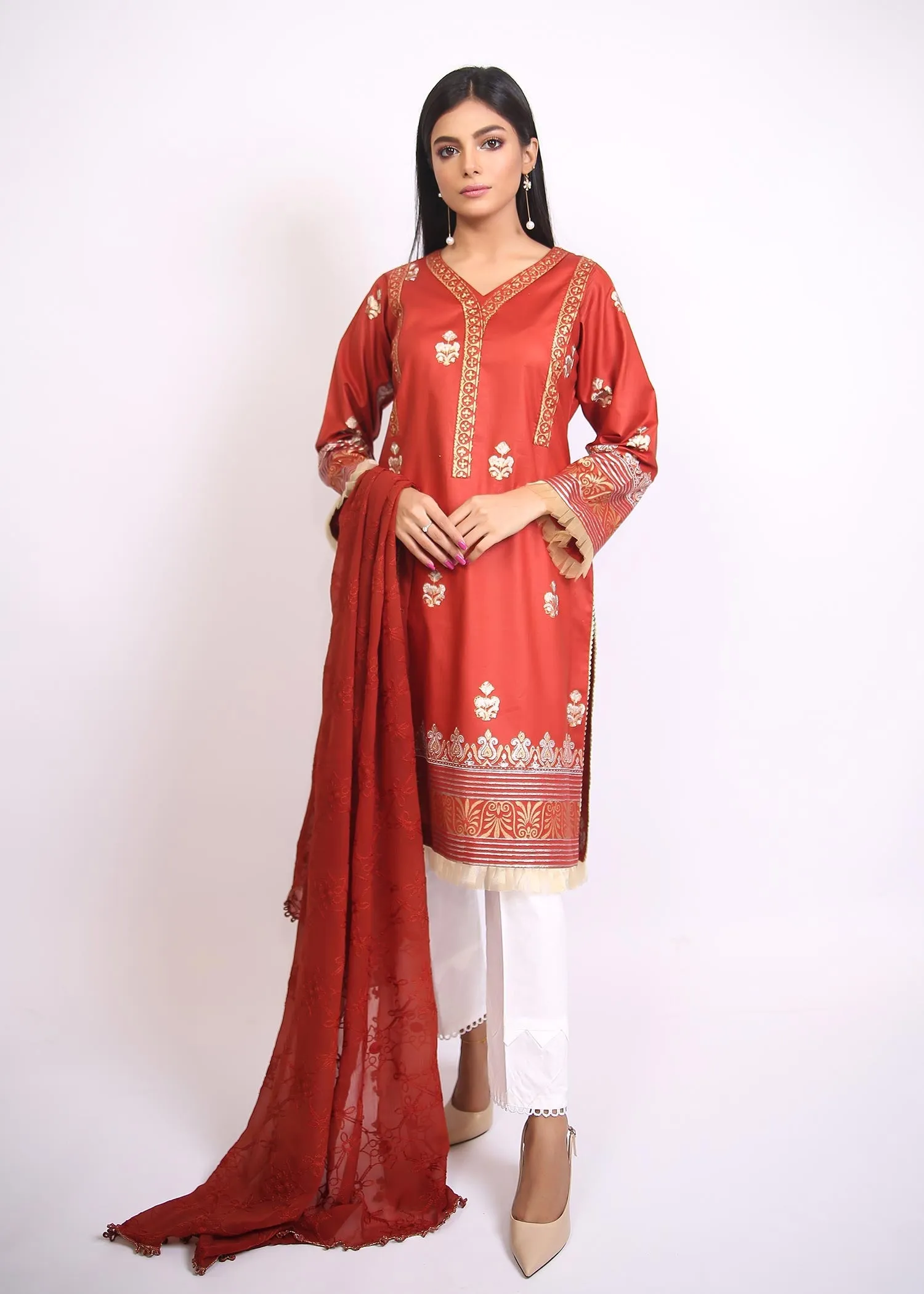 FashionPorters - Unstitched 3 Piece Block Printed Cotton Lawn Matte Orange Suit SUS22-RY19