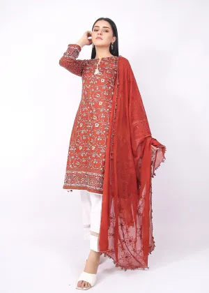 FashionPorters - Unstitched 3 Piece Block Printed Cotton Lawn Orange Rust Suit SUS22-RY15