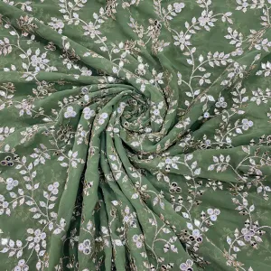 Fern Green Leaf Embroidery Sequins Georgette Fabric