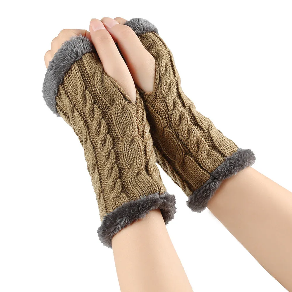 Fleece-lined Fluffy Gloves Twist Knitted Finger Leakage