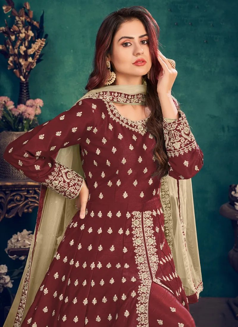 Floor Length Maroon Art Silk Embroidered Anarkali Suit