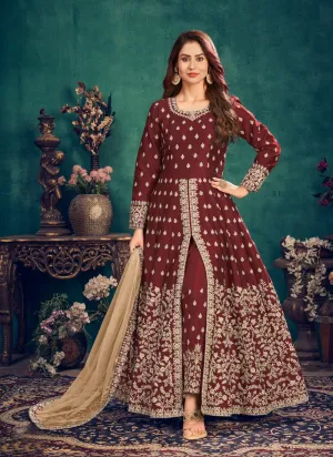 Floor Length Maroon Art Silk Embroidered Anarkali Suit