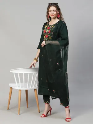 Floral Hand Embroidered Kurta with Pants & Dupatta - Dark Green