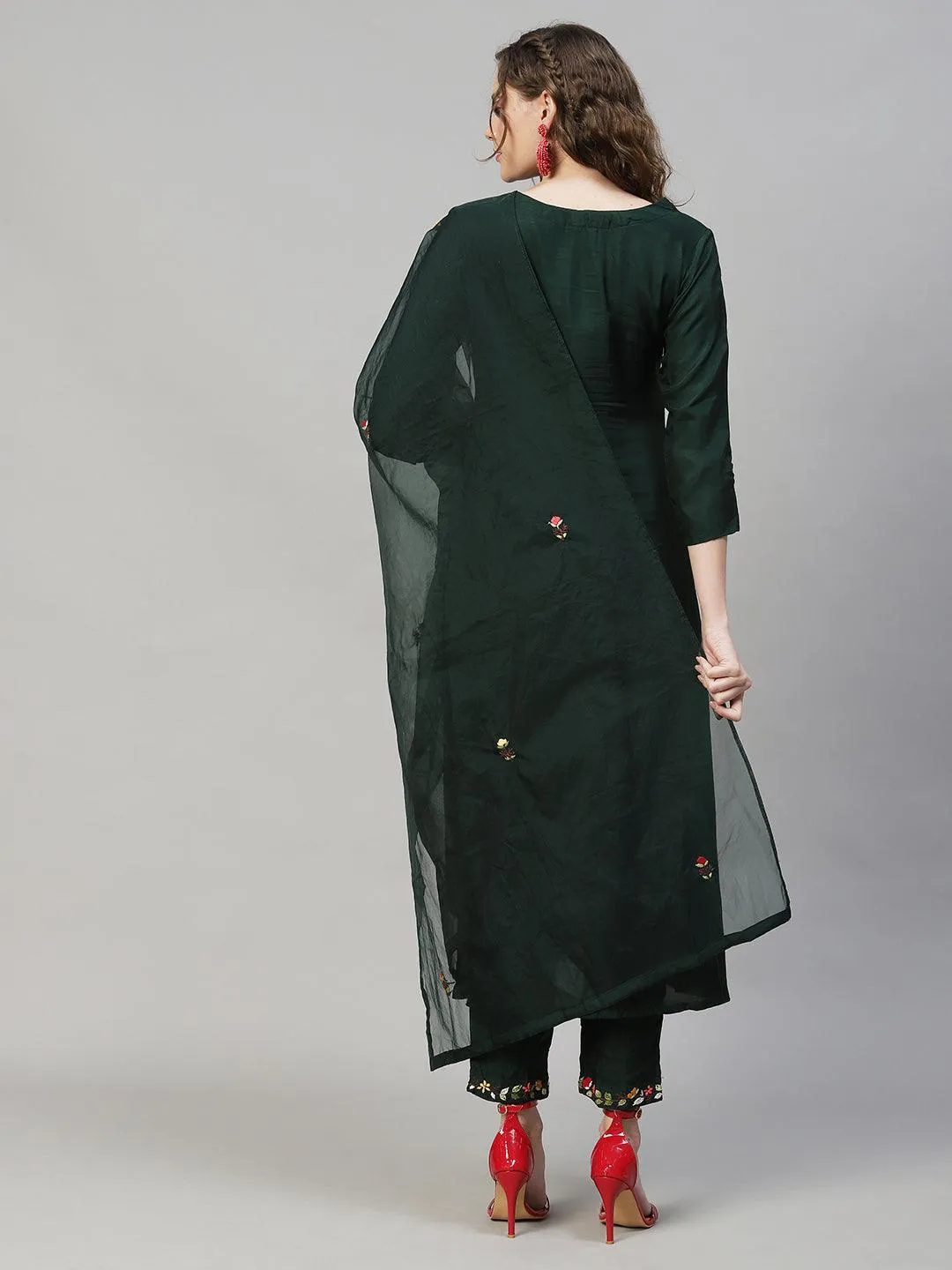 Floral Hand Embroidered Kurta with Pants & Dupatta - Dark Green