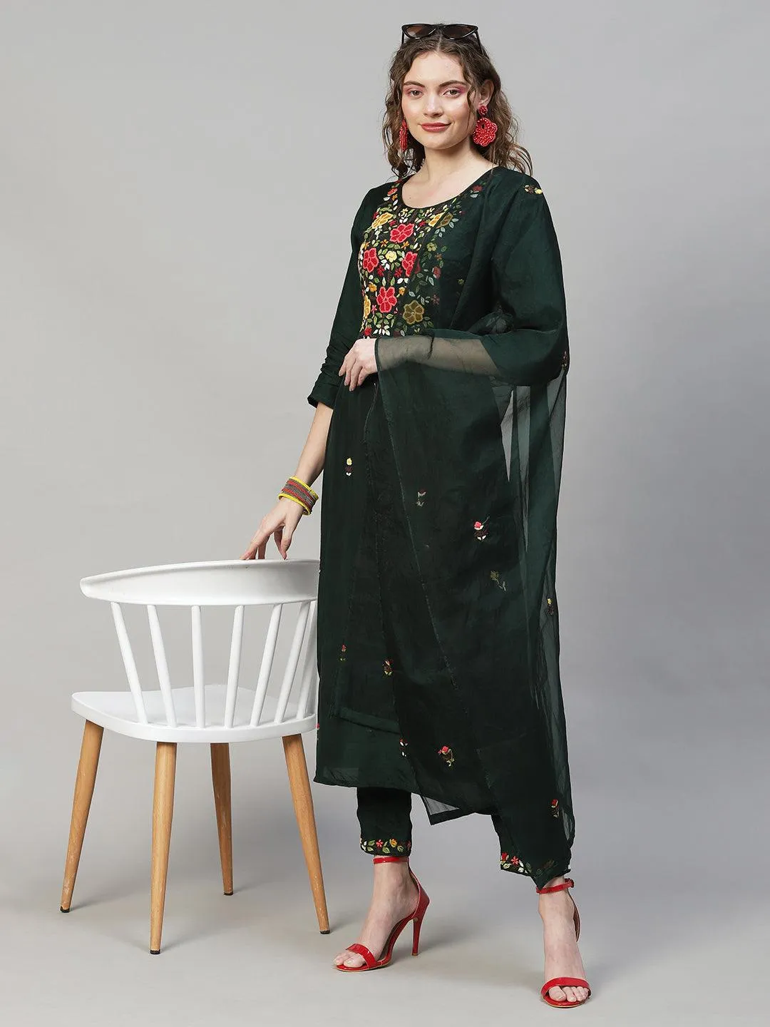 Floral Hand Embroidered Kurta with Pants & Dupatta - Dark Green