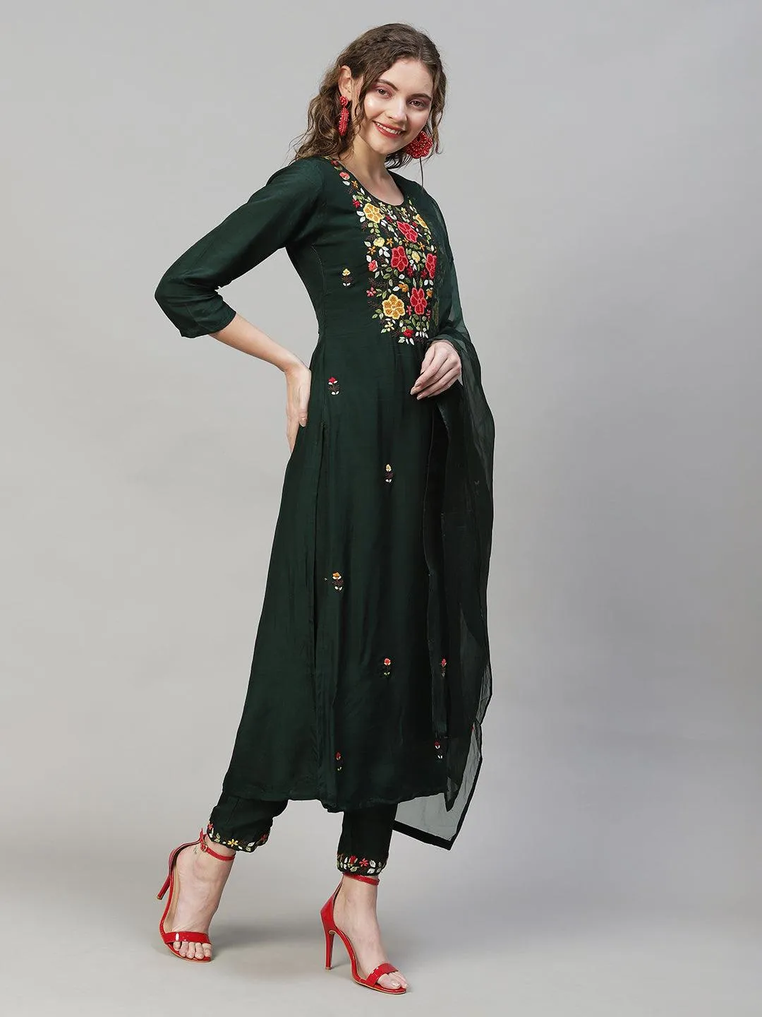 Floral Hand Embroidered Kurta with Pants & Dupatta - Dark Green