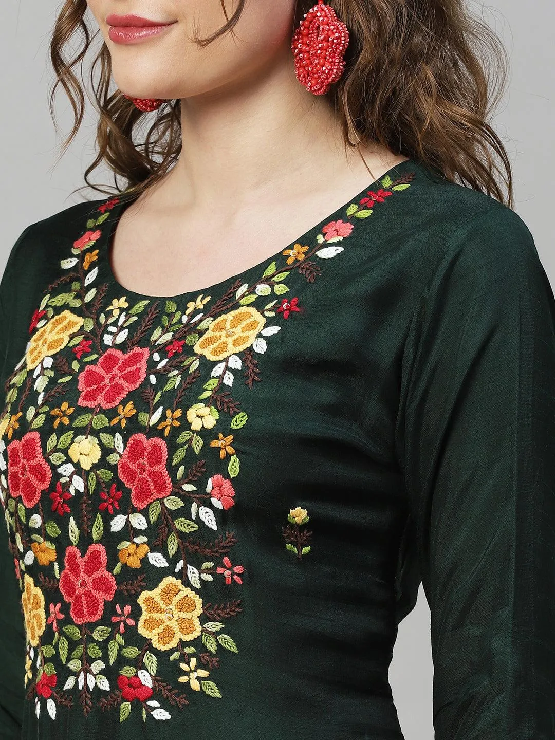 Floral Hand Embroidered Kurta with Pants & Dupatta - Dark Green