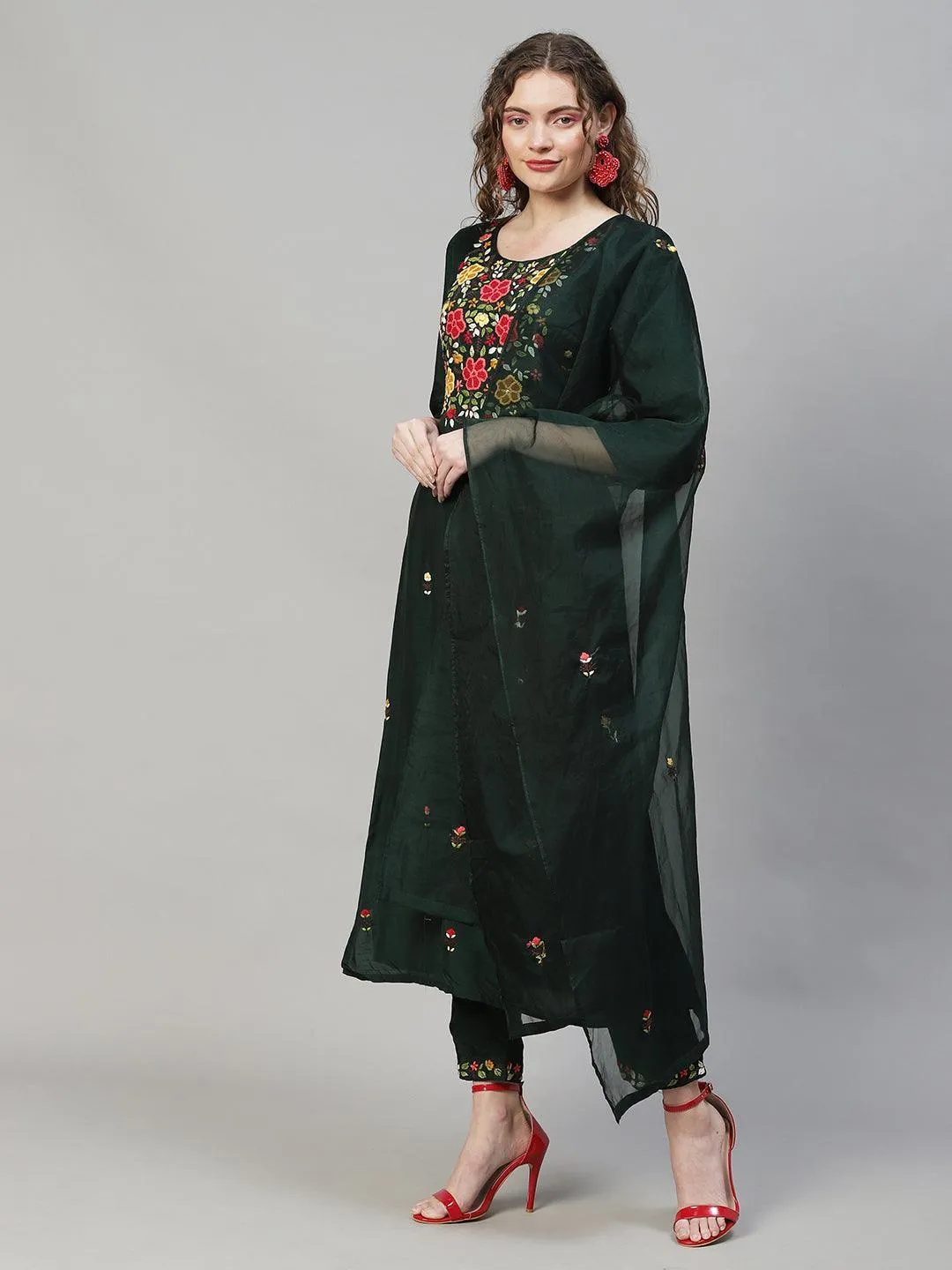 Floral Hand Embroidered Kurta with Pants & Dupatta - Dark Green